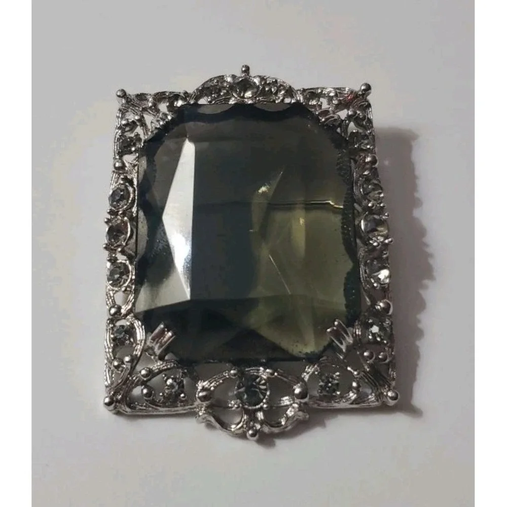 Vintage SARAH COV Brooch Pendant Necklace Gray Topaz Faceted Stone Silver Tone